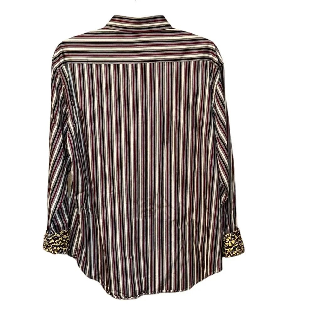 Robert Graham Red White Black Striped Cotton Button Down Dress Shirt‎ Size XL